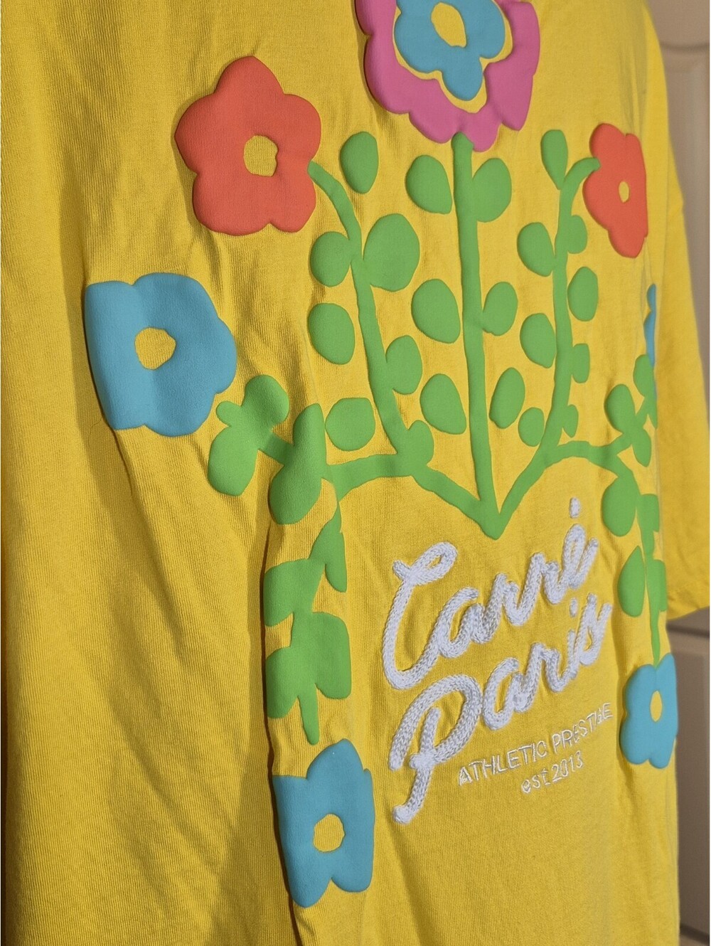 Carre Paris France Yellow Puff Print Floral Oversized T-Shirt Sz Large $70